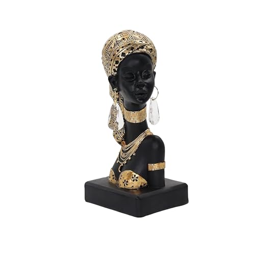 Dwelloria African Woman Resin Bust Sculpture with Crystal Earrings ??? Tribal Lady Figurine in Gold Headdress for Home Decor, Black and Gold Accent Statue for Shelf, Table, Office, Gift for Women