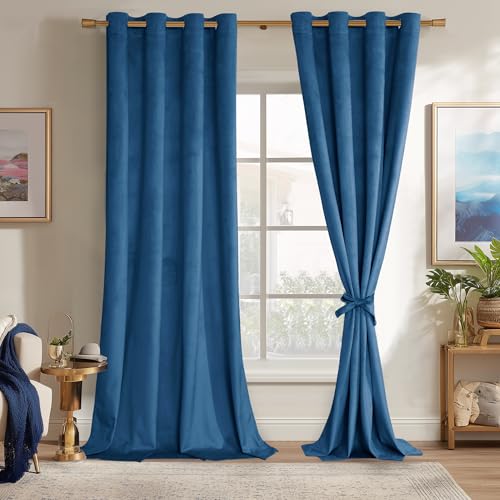 JIUZHEN Velvet Blackout Curtains - Thermal Insulated Room Darkening Grommet Window Drapes for Bedroom, Set of 2 Panels with Tiebacks, 52 x 96 inches, Blue