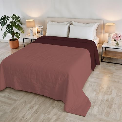 GOLIA Summer Quilt, Made in Italy, 100% Polyester – Double-Sided Bedspread with WaterWashed Effect – Lightweight Blanket with 65 g Filling – Double Bed 260 x 250 cm – Coral/Burgundy