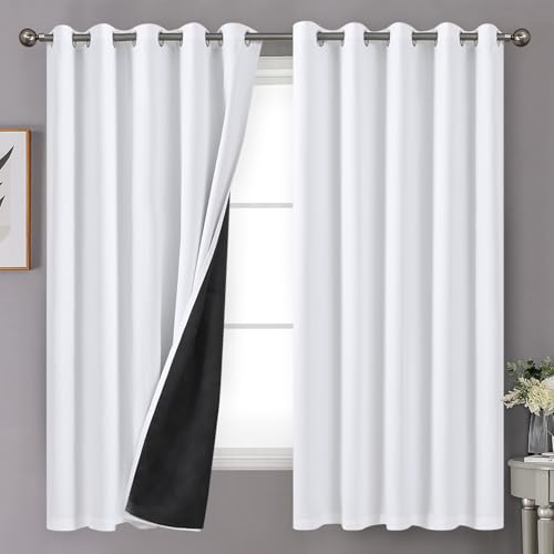 YoungsTex Thermal 100% Blackout Curtains 63 Inch Length for Bedroom, Double Layer Grommet Full Light Blocking Window Drapes for Living Room, Pure White, 2 Panels, 60 X 63 Inch