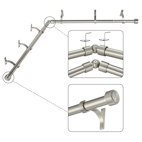 "Mayrhyme Corner Window Curtain Rods Adjustable with Aluminum End Caps and Brackets 1"" Diameter Bay Window Curtain Rods 2 Sided 32-84"" Brushed Nickel"