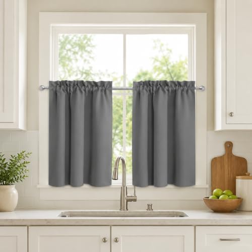Aquazolax Blackout Short Curtains 28x36 Inch for Kitchen Windows - Tiered Cafe Style Rod Pocket Thermal Insulated Fabric Half Window Treatment Curtain for Bathroom 2 Panels Set, Grey