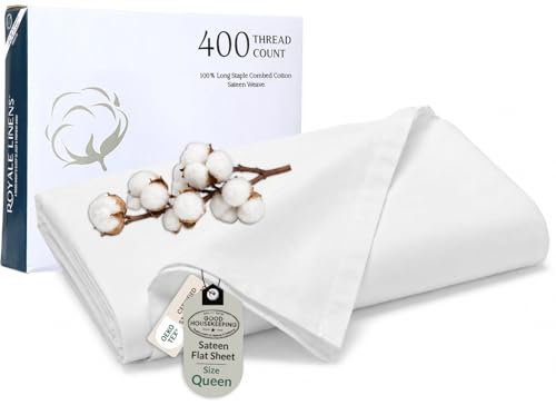 400 Thread Count 100% American Grown Cotton White Flat Sheet Only - Cooling Sheets - Luxury Sateen Weave - Queen Size Flat Sheet Sold Separately - Super Soft Cotton Top Sheets (Queen, Signature White)