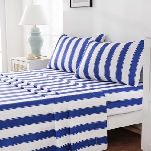 "MCO 4Pieces Striped Sheets Set, Breathable King Sheet Set with 16"" Deep Pocket,Modern & Luxury, Brushed Microfiber Bedding Set(King, Navy Blue)"
