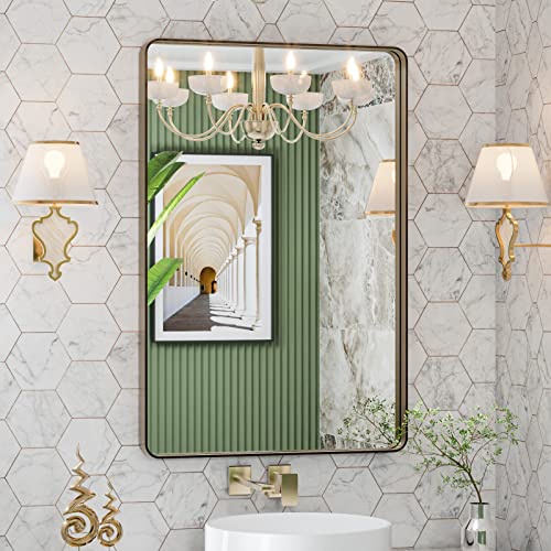 LOAAO 24???X36??? Bronze Bathroom Mirrors for Vanity, Rounded Rectangle Brushed Bronze Metal Frame Mirror, Anti-Rust, Hangs Horizontally or Vertically