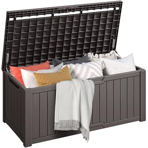 DWVO Outdoor Garden Storage Box-450L 142.1x67.6x60cm-Waterproof--Securely Lockable-Side Carry Handles-All Weather Resistant-Patio Resin Deck Box for Pillows, Equipment,Shoe(Dark Brown)