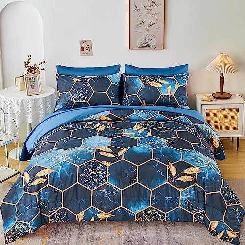 ZRNBAST Hexagon Blue Gold Bed in A Bag Full Size 7 Pieces Soft Marble Blue Full Comforter Set with Sheets Luxury Leaf Geometric Bedding Sets All Season Bed Sets for Adults Teens (Royal Blue, Full)
