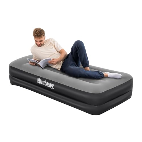 Bestway TriTech Single Twin Airbed with Built-In Pump - Inflatable Single Air Mattress for Guests, Soft Flocked Blow Up Bed for Indoor and Outdoor Use, Fast Inflation