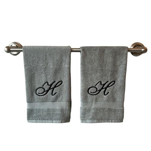 Gray Monogrammed Hand Towels for Bathroom - Luxury Hotel Quality Personalized Initial Embroidered Towel for Powder Room, Spa - GOTS Organic Certified - Set of 2 Black Letter H