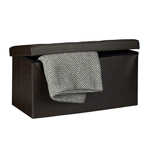 Relaxdays Folding Storage Bench Large Seat, Faux Leather, 38 x 78 x 38 cm, Foldable Footstool Ottoman with Removable Lid, Brown