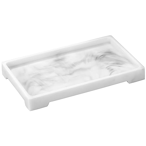 Luxspire Resin Vanity Tray, Bathroom Toilet Tank Storage Tray, 9.6 x 6 inch Kitchen Sink Trays Decorative Serving Tray, Vanity Countertop Organizer for Makeup Towel Perfume Holder, M, White Marble
