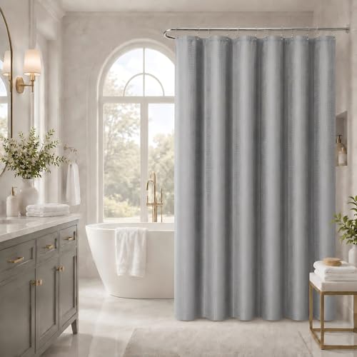 LaCyan 3 in 1 Waterproof Waffle Weave Shower Curtain and Clear Liner Set with 12 Stainless Steel Hooks Double Sided for Bathroom 72 Inches Heavy Duty Polyester Fabric Shower Curtains 72x72