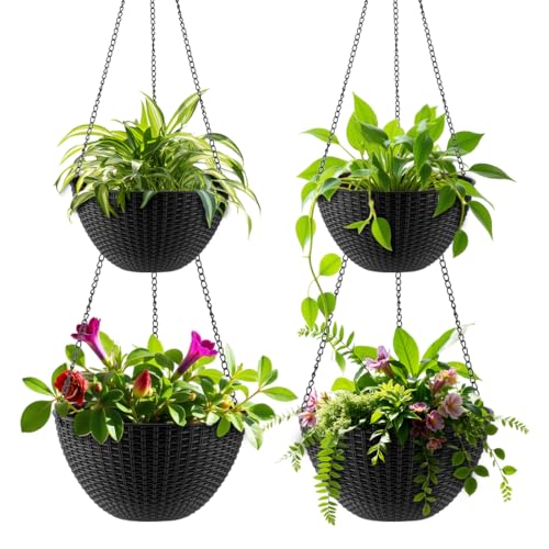 RooTrimmer Hanging Planters for Indoor Outdoor Plants 8 and 10 Inch, 4 Packs Hanging Flower Pot with Drainage Holes, Self-Watering Hanging Basket Perfect for Home, Office and Garden, Black