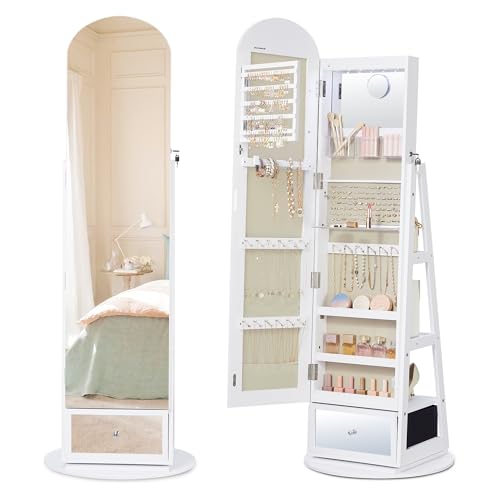 SONGMICS 360?? Swivel Jewellery Cabinet with LED Lights - Arch-Shaped Full-Length Mirror with Built-in Mirror, 1 Drawer, Hooks, Shelves, White and Beige, Aileas Collection JJC030WB01