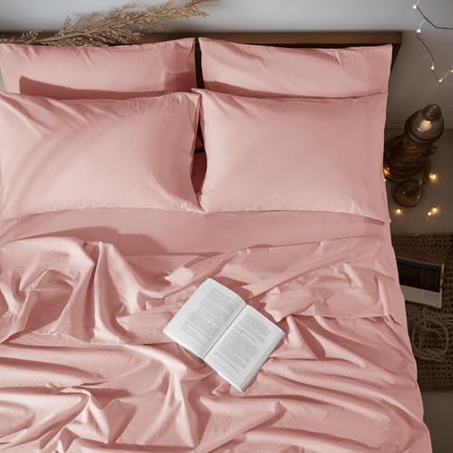 "LBRO2M 100% Linen Sheet Set Queen Size, Bed Sheets 6 Piece Sets,Solid Color Natural Flax Bed Sheets Soft Breathable Bedding,16"" Deep Pocket,All Season (Queen, Blush Pink)"