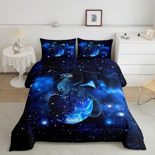 Galaxy Dragon Bedding Set Kids Chic Outer Space Starry Sky Comforter Set Jungle Animals Dragon Comforter for Boys Children Teens Bedroom Decor Blue Black Duvet Set Full Size with 2 Pillow Case