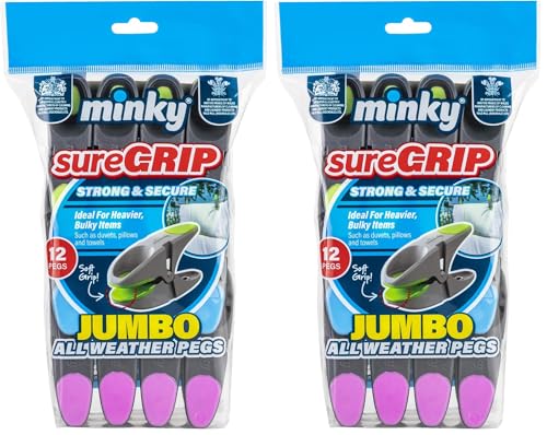 12 Minky Sure Grip Jumbo Clothes Pegs. Extra Large and Weather Resistant. For duvets, sheets and heavy bulky item drying (Pack of 2)