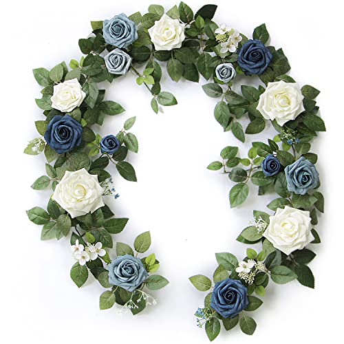 PONATIA 5FT Handcrafted Artificial Rose Flower Garland, Dusty Blue Flowers Greenery Garland for Wedding Ceremony Garlands Backdrop Arch Flowers, Ceremony Reception Table Decorations