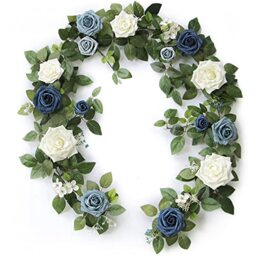 PONATIA 5FT Handcrafted Artificial Rose Flower Garland, Dusty Blue Flowers Greenery Garland for Wedding Ceremony Garlands Backdrop Arch Flowers, Ceremony Reception Table Decorations