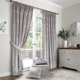"Curtina Silver Velvet Damask Curtains W66 x L54"" (168 x 137cm) 2 Panels with Tie Backs Included Luxury Drapes"