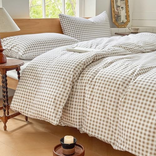 NSNLGSGC Tan Gingham Grid Duvet Cover Set King, 100% Washed Cotton Plaid Comforter Cover Set,Brown Ultra-Soft & Lightweight Cottage Bedding Set(3PCS, King)