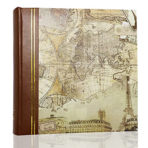"Holoary Photo Album 4""x6"" 200 Photos 2 Pictures Per Page, Memo Writing Area for Each Pocket, Leather Spine and Printed Cover Vintage Map Adventure Travel"