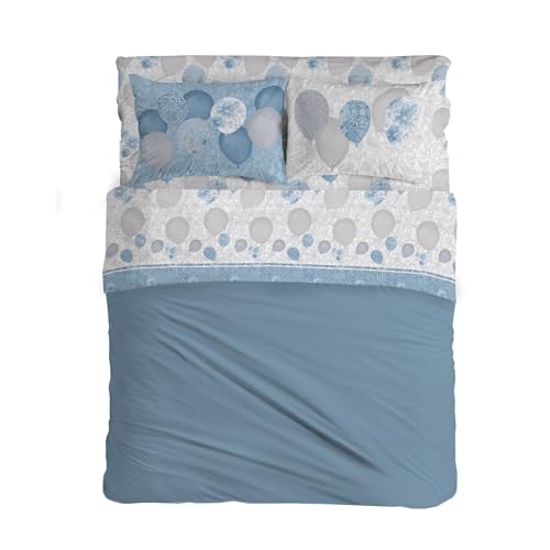 PENSIERI DELICATI Double Bed Sheet Set, 100% Cotton, 180 x 200 cm, Includes Top Sheet, Bottom Sheet and 2 Pillowcases, Made in Italy, Light Blue Balloons Pattern