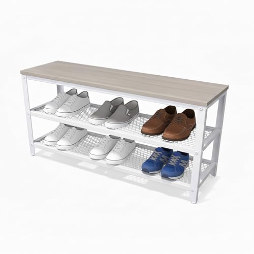 Relaxdays Shoe Bench for 8 Pairs, 45x100x30cm, 2 Wire Shelves, Wood-Effect Seat, Light Brown/White, XL