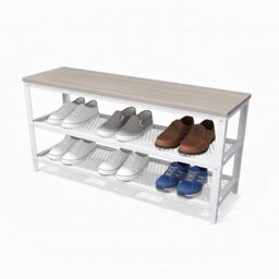 Relaxdays Shoe Bench for 8 Pairs, 45x100x30cm, 2 Wire Shelves, Wood-Effect Seat, Light Brown/White, XL