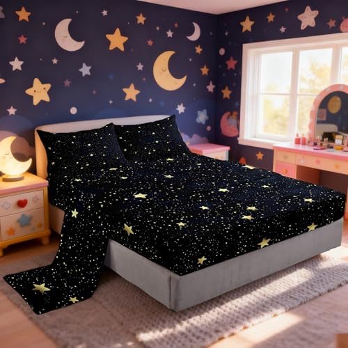 Cartoon Glitter Stars Bed Sheets Golden Starry Galaxy Decorative Sheets Set for Kids Teens Adults Outer Space View Print Dreamy Bedding Set with Flat,Fitted Sheet,2 Pillowcases King Size 4 Pcs