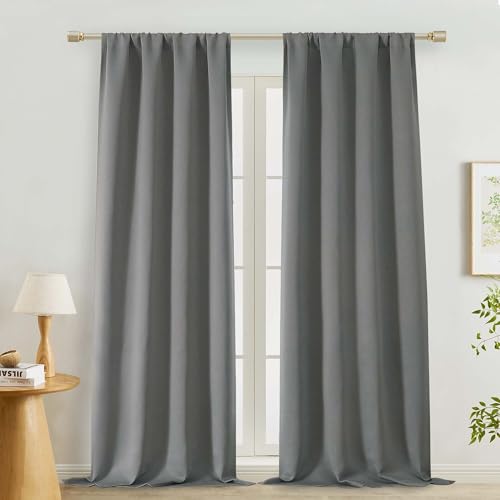 "Lecloud Light Grey Room Darkening Curtains 96 Inches Long 2 Pcs, Rod Pocket Soft Farmhouse Decor Window Curtains, Thermal Insulated Rustic Solid Drapes for Living Room, Each Panel 50"" W x 96"" L"