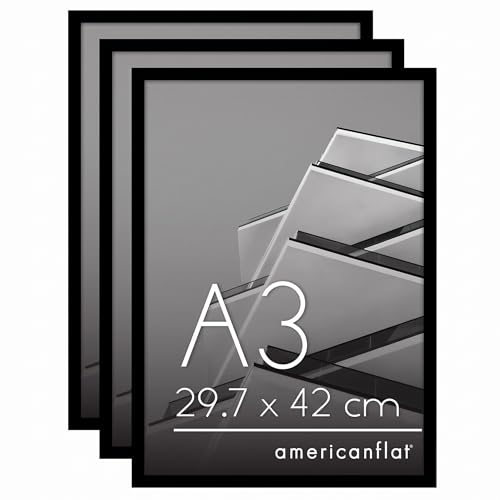 Americanflat A3 Picture Frame with Polished Plexi Cover - Set of 3 - Streamline Collection - Thin Border Picture Frame for Wall Display - Hanging Hardware Included - Black