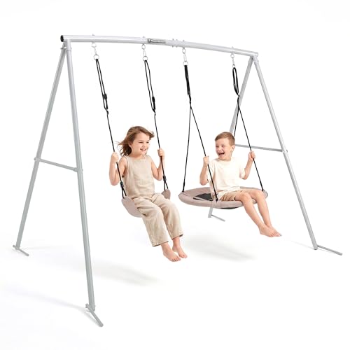 HyperMotion Double Garden Swing with Nest and Classic Seat, Steel, Oxford Fabric, PE, PP, EPE, Grey/Beige, 235 x 172 x 78 mm