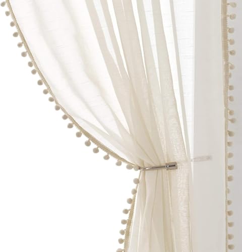 Treatmentex Pom-Pom Linen Sheer Curtains for Office, Outdoor, Bedroom and Living Room 50x108 Inch Long Rod Pocket Curtain Set (2 Pack)