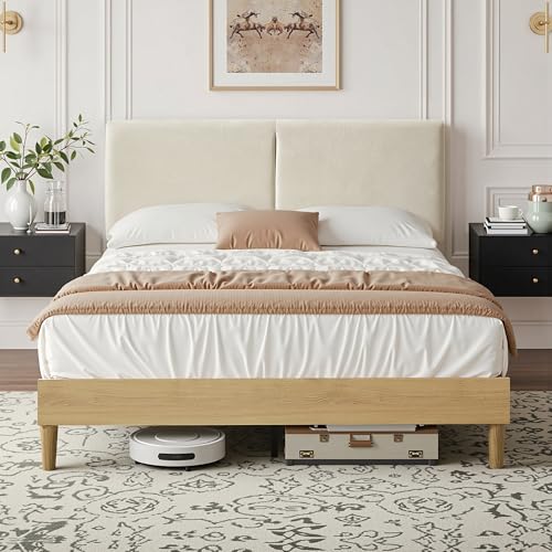 VECELO 4ft6 Double Size Bed Frame, 135×190 cm Wood Platform with Adjustable Upholstered Headboard, Easy Assembly, No Box Spring Needed, Beige
