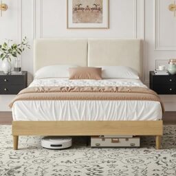VECELO 4ft6 Double Size Bed Frame, 135×190 cm Wood Platform with Adjustable Upholstered Headboard, Easy Assembly, No Box Spring Needed, Beige