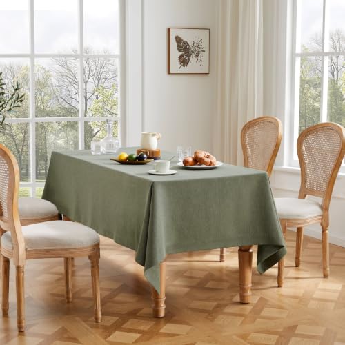 ZeeMart Linen Textured Rectangle Table Cloth, 52x70 Inch Olive - Heavy Weight Fabric, Durable Thick, Mitered Corners, Modern Farmhouse Table Cloth, Wrinkle Resistant Washable Table Cover
