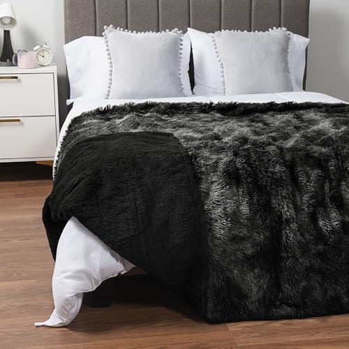 Pavilia Black Fluffy Bed Blanket, King Size, Fuzzy Plush Warm Large Blanket for Couch Sofa, Super Soft Thick Faux Fur Sherpa, Tie-Dye, 90x108