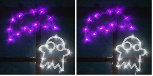 Global Gizmos 45939 Set of 2 Halloween Window Lights/Bat & Ghost Design/Efficient LED Strips/Purple & White Colours/Suction Cups Included for Hanging (Pack of 2)