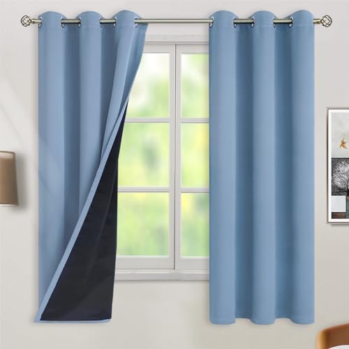 BGment Thermal Insulated 100% Blackout Curtains for Bedroom with Black Liner, Double Layer Full Room Darkening Noise Reducing Grommet Curtain (42 x 63 Inch, Denim Blue, 2 Panels)