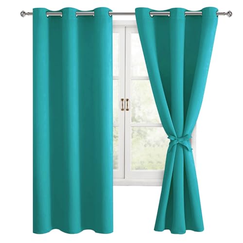 Hiasan Room Darkening Window Curtains for Bedroom, Thermal Insulated, Energy Saving Blackout Curtains, Set of 2 Panels, Sewn with Tiebacks, Grommet Top (Peacock Teal, Width 42 Inch x Length 63 Inch)