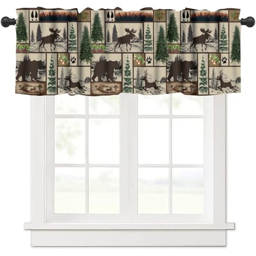 GoDazzling Retro Bear Deer Kitchen Curtain Valance, Country Farmhouse Forest Tree Wildlife Animal Window Valance, for Bedroom Living Room Cafe Bathroom 1 Panels W54xL18in