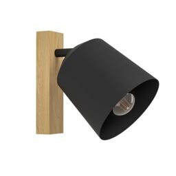 Eglo Wall Light Cotorro, Indoor lamp with Movable spot Light, Living Room and Hallway Lighting Fixture, Black Metal and Natural Wood, FSC100HB, E27 Socket
