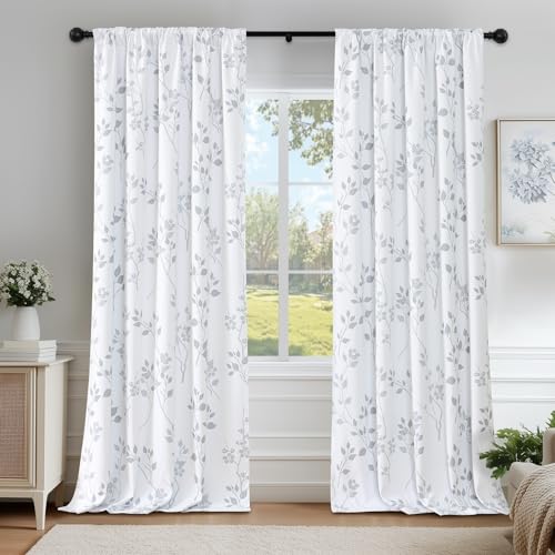 Beauoop Floral 100% Blackout Curtains for Bedroom Grey White 52X84 2 Panels - Flower Patterned Room Darkening Drapes for Living Room 84 Inch Long Thermal Insulated Soundproof Window treatment Rod Pocket