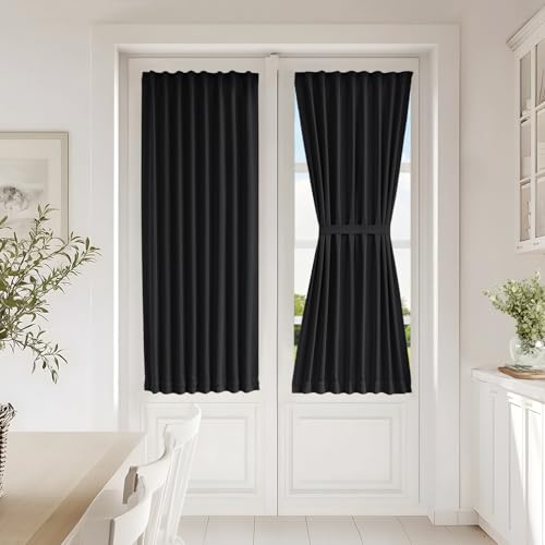 Vatge Front Door Curtains for Glass Window - Blackout Door Curtain Panel with Tieback for Living Room, 1 Panel, W25 x L54, Black