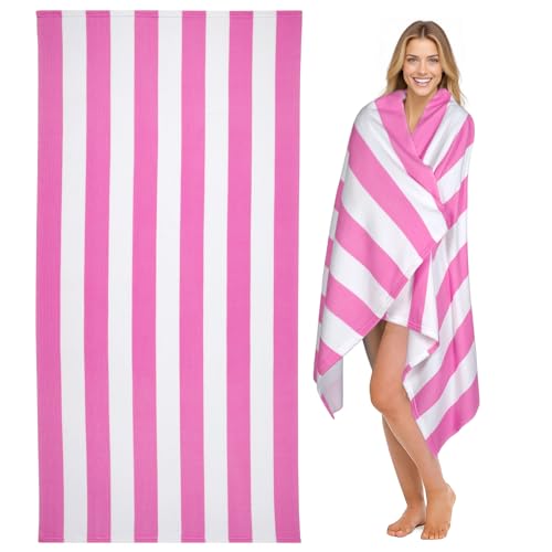 cabanana Large Oversized Beach Towel - Microfiber Sand Free 35 x 70 Inch Quick Dry Lightweight Pool Towel for Adults, Thin Striped Swim Towel (Pink White)