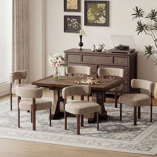 COLAMY Wooden Dining Chairs Set of 6, Velvet Fabric Chairs for Dining Room with Open Curved Backrest and Thick Seat Cushion, Upholstered Kitchen Chair with Anti-Slip Pads, Khaki