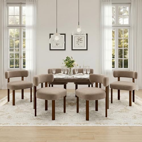 COLAMY Wooden Dining Chairs Set of 6, Velvet Fabric Chairs for Dining Room with Open Curved Backrest and Thick Seat Cushion, Upholstered Kitchen Chair with Anti-Slip Pads, Khaki