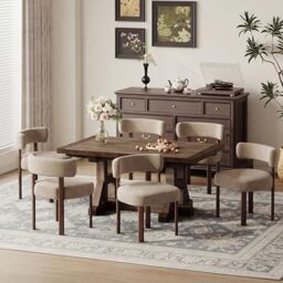 COLAMY Wooden Dining Chairs Set of 6, Velvet Fabric Chairs for Dining Room with Open Curved Backrest and Thick Seat Cushion, Upholstered Kitchen Chair with Anti-Slip Pads, Khaki