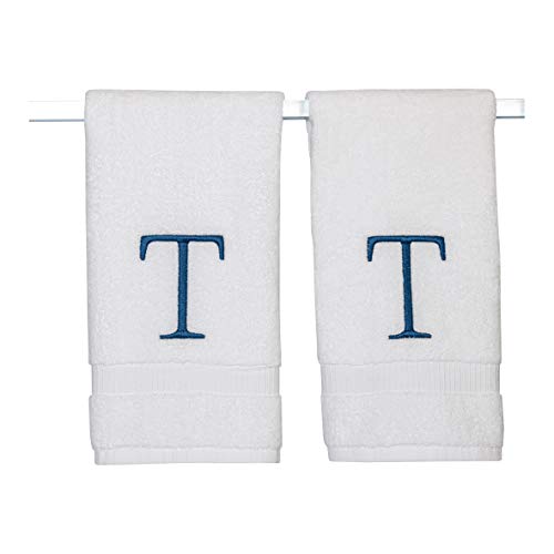Monogrammed Hand Towels for Bathroom - Luxury Hotel Quality Personalized Initial Decorative Embroidered Bath Towel for Powder Room, Spa - GOTS Organic Certified - Set of 2 Navy Letter T